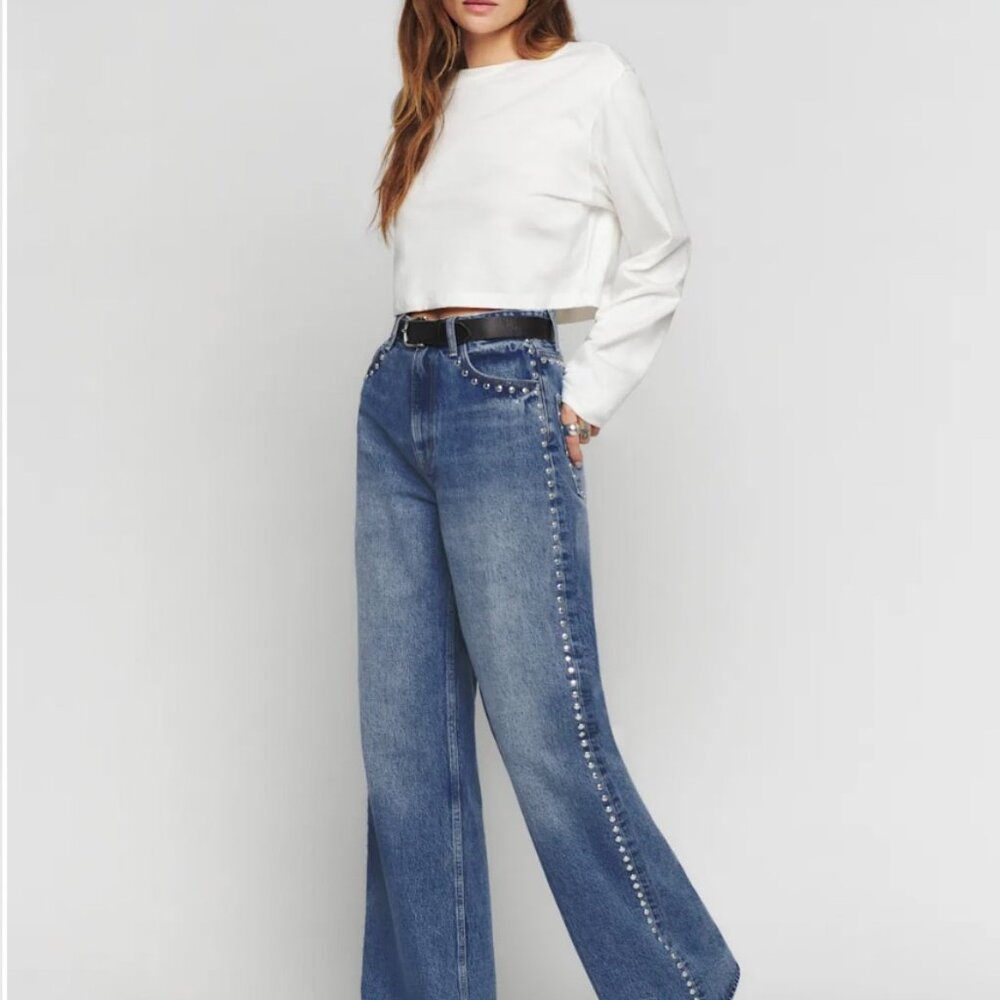 Reformation Cary High Rise Slouchy Wide Leg Jeans - Chesapeake Studded - Size 28
